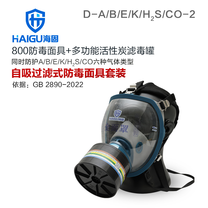 海固HG-800全面罩+D-A/B/E/K/H2S/CO-2 多功能活性炭滤毒罐 综合气体防护套装